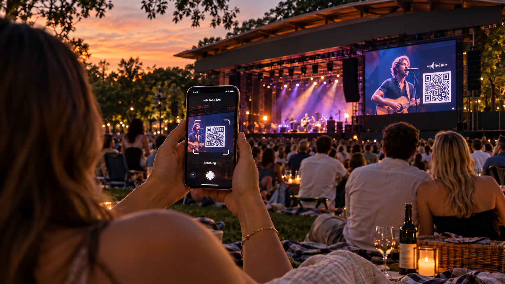 At a sunset concert, someone holds up a phone scanning the QR on the stage screen.